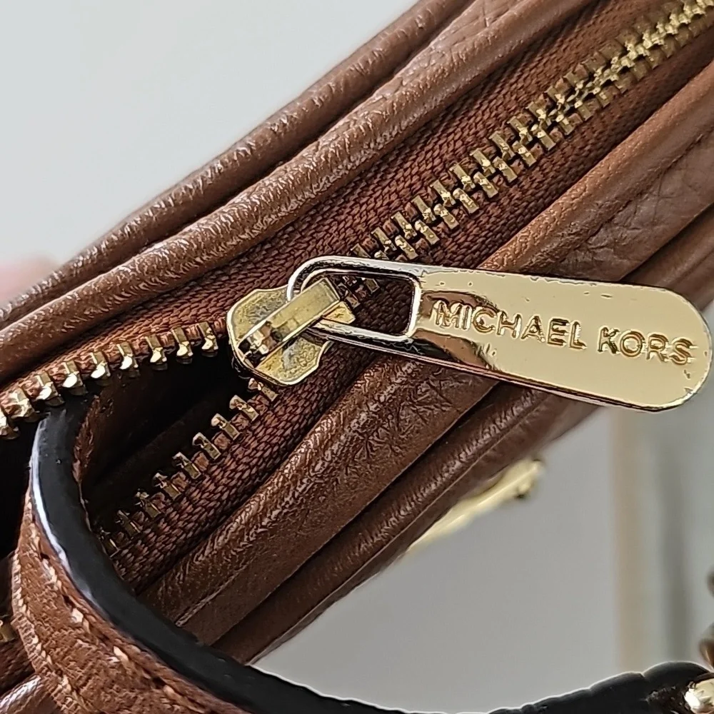 Michael Kors tan brown leather chain link mini crossbody bag